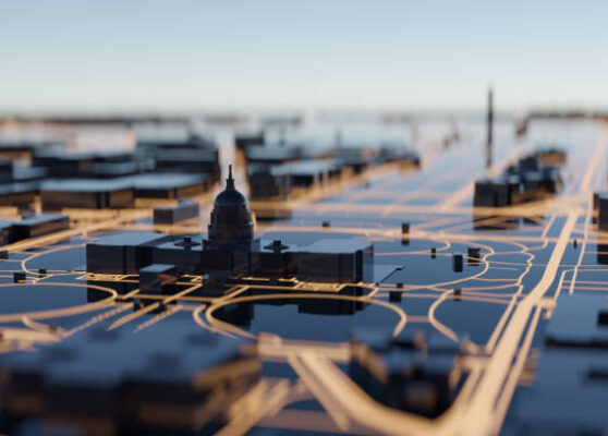 Washington DC hi-tech smart city background. 3D rendering. Washington DC hi-tech smart city background. 3D rendering.